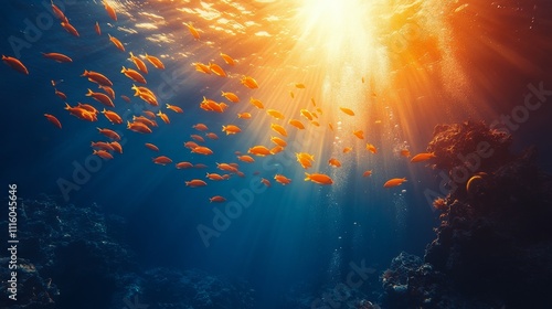 Divers explore underwater world under sunlit ocean surface