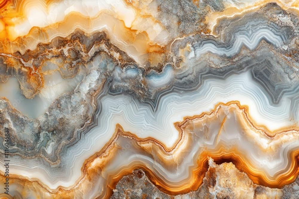 Obraz premium Stunning Natural Agate Stone with Intricate Patterns and Vibrant Colors Featuring Shades of Orange, Gray, and White for Artistic and Commercial Use