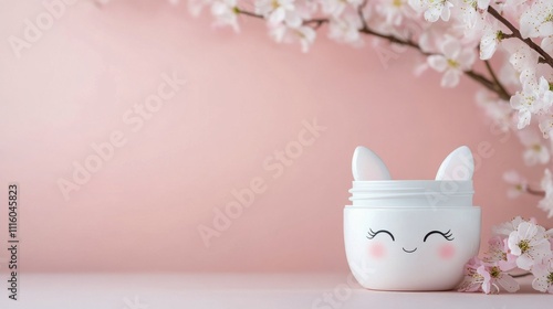 Cute cosmetic container with bunny ears surrounded by cherry blossom decorations