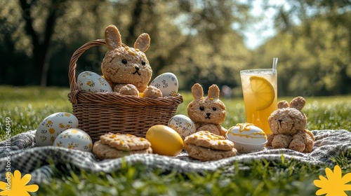 Easter celebration with bunny treats and bright decorations in a sunny park s...