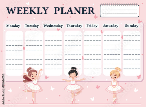A weekly planer for a student. School Time Table Template with a pretty ballerinas on white and pink background. Vector illustration in flat cartoon style