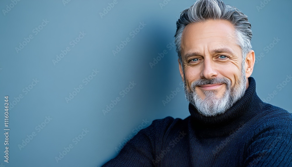 Obraz premium A cheerful gray-haired man with a beard shows a friendly expression in casual attire