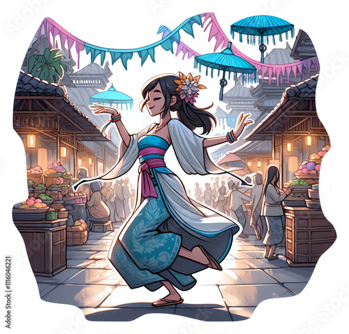 Illustration Adorable Girl Dancing with Joy in Bali Lively Market photo