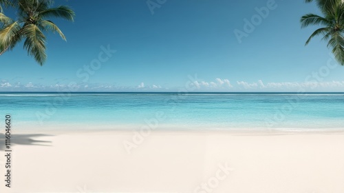 Serene tropical beach with calm turquoise waters and soft white sand under a ...