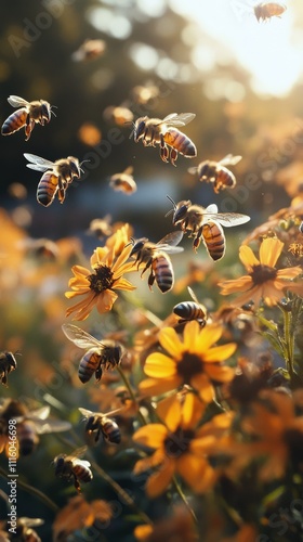 Bees pollinating vibrant flowers in a sunny garden during springtime