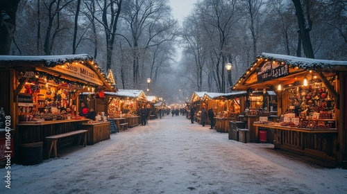 Winter market bustling with holiday spirit amidst a snowy forest landscape