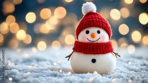 Cheerful snowman wearing red hat and scarf surrounded by glowing lights in wi...