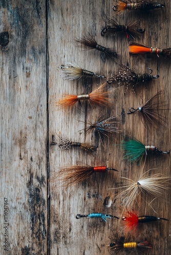 Fly fishing flies on a rustic wooden background photo