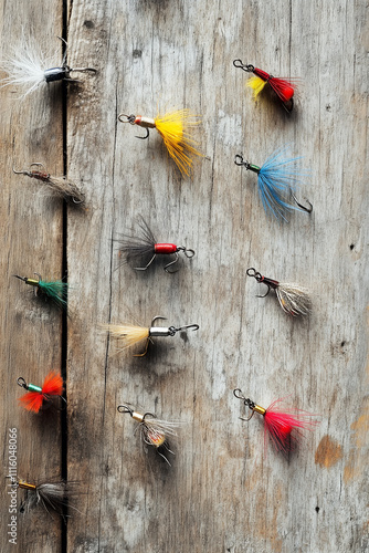 Fly fishing flies on a rustic wooden background photo