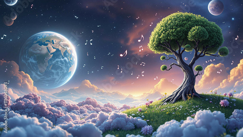 Celestial Harmony with Singular Cosmic Tree and Planetry View photo