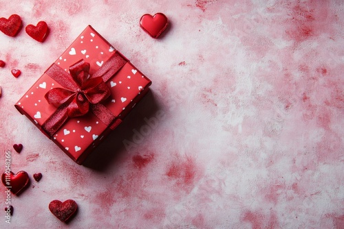 Gift box decorated with red ribbon and hearts on pink background for celebration