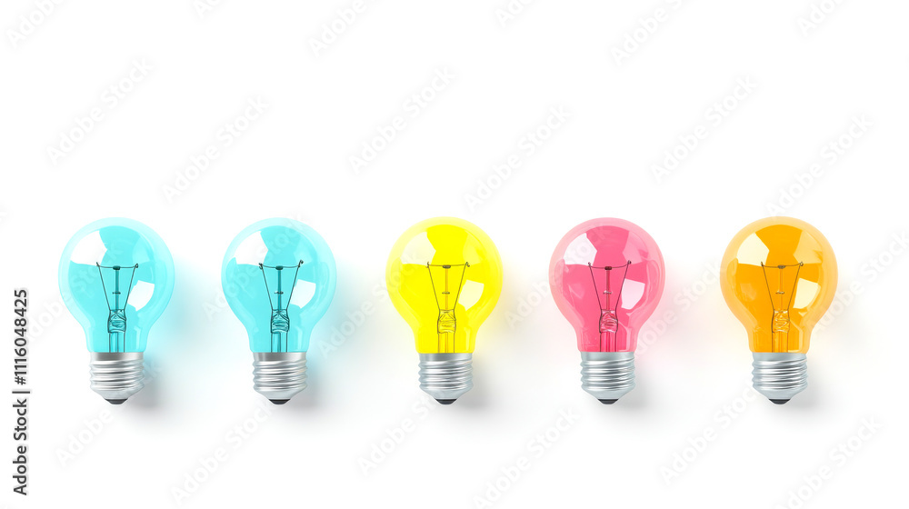 Five colorful light bulbs lined up, showcasing vibrant designs and a modern aesthetic, perfect for creative lighting ideas. Five colorful light bulbs lined up, showcasing vibrant designs and a modern aesthetic, perfect for creative lighting ideas.