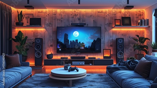 Stylish living room featuring an orange accent wall, a flat-screen TV, speakers, indoor plants, cozy sofas, and decor elements.
