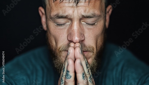 A man with tattoos clutches his hands together in prayer, eyes closed in deep thought