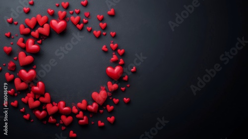 Red hearts arranged in a circular pattern on a dark textured background for d...