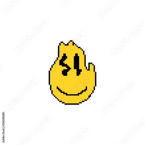 Pixel art melting smiley face. Dripping yellow smiley in retro pixelated style.