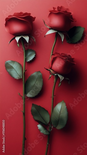 Beautiful arrangement of red roses on a vibrant red background with green leaves