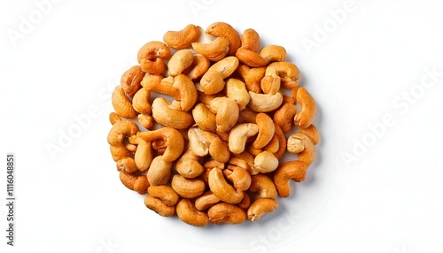 Salted Cashew Nuts Arranged in a Circle on White Background, Top View