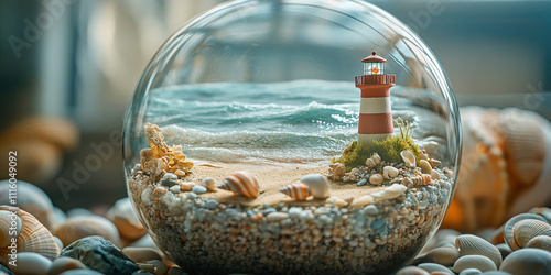 A glass sphere encasing a miniature beach scene with tiny seashells, pebbles, and a miniature lighthouse, capturing a coastal microcosm photo