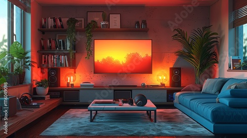 Stylish living room featuring an orange accent wall, a flat-screen TV, speakers, indoor plants, cozy sofas, and decor elements.
