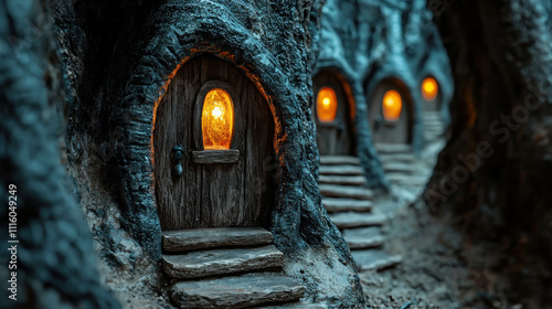 Enchanting Cozy Gnome Village Hidden in Underground Forest Glowing Doors