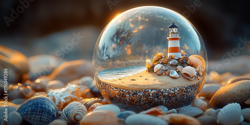 A glass sphere encasing a miniature beach scene with tiny seashells, pebbles, and a miniature lighthouse, capturing a coastal microcosm photo