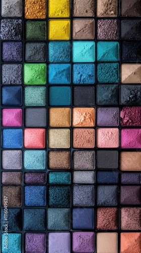 Vibrant cosmetic eyeshadow palette showcasing a variety of colorful shades an...