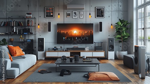 Stylish living room featuring an orange accent wall, a flat-screen TV, speakers, indoor plants, cozy sofas, and decor elements.

