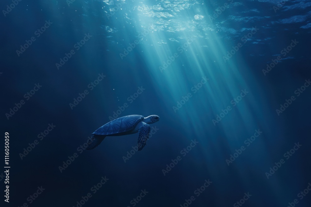 Obraz premium Serene Sea Turtle Swimming Gracefully in Crystal Clear Water Under Beautiful Sunlight Rays Illuminating the Deep Blue Ocean Environment