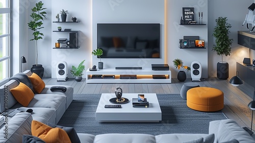 Stylish living room featuring an orange accent wall, a flat-screen TV, speakers, indoor plants, cozy sofas, and decor elements.
