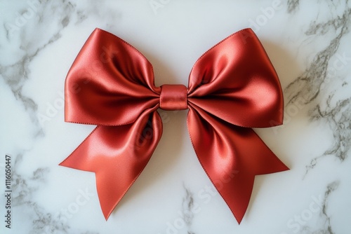 Red satin bow lying flat on a white background with smooth texture and elegan...