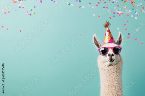 Llama wearing sunglasses and a party hat celebrates with colorful confetti in a festive atmosphere photo