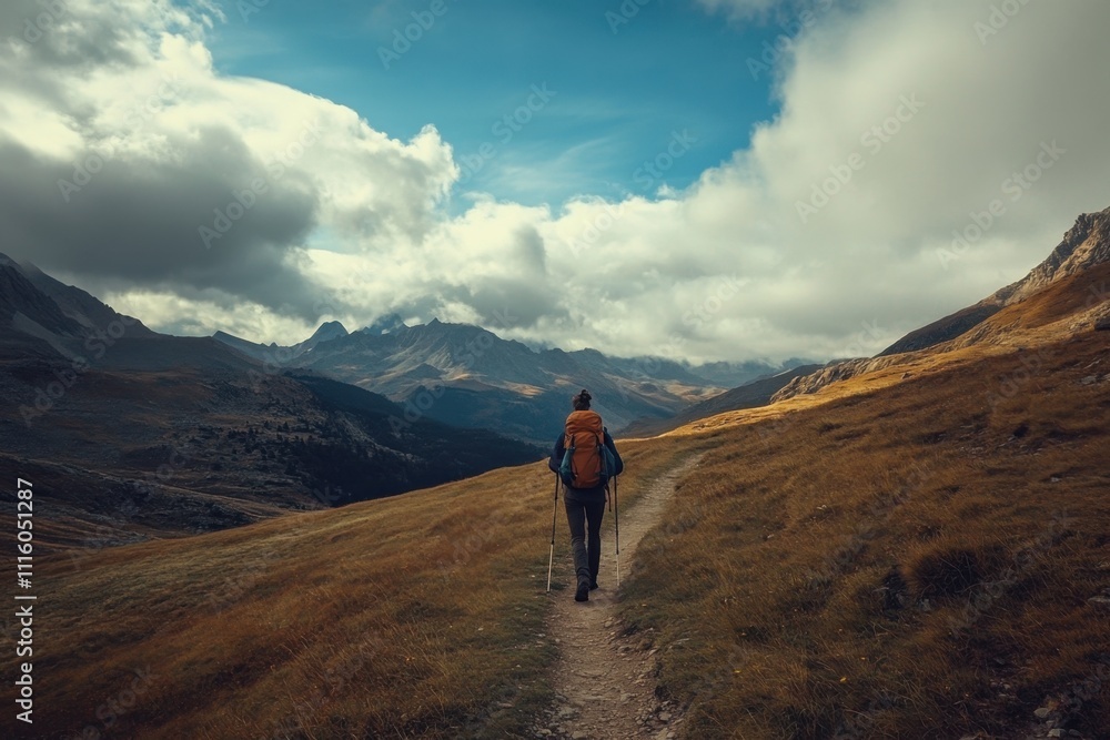 Obraz premium A solo hiker's journey through majestic mountain trails high altitude landscapes quality imagery capturing nature's beauty and adventure in the great outdoors
