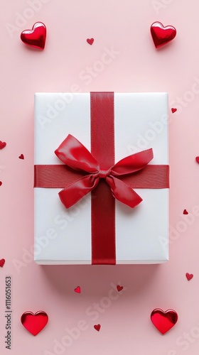 Gift box decorated with hearts on pink background for a special celebration o...