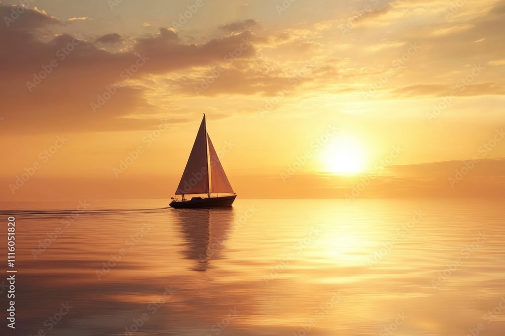 Fototapeta premium A serene journey of a solitary sailboat across the calm sea at sunset capturing tranquility and reflection in nature's embrace