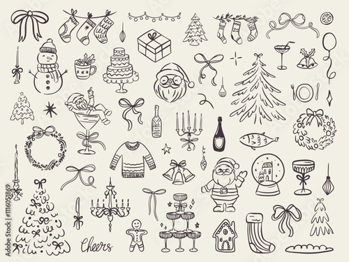 Set of whimsical hand drawn christmas food and drink illustration in trendy vintage style. Perfect for quirky new year holiday, dinner and bar menu, bachelorette party, birthday invitation, sign