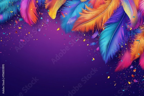 Vibrant carnival mask with colorful feathers and glitter decorations on purpl...