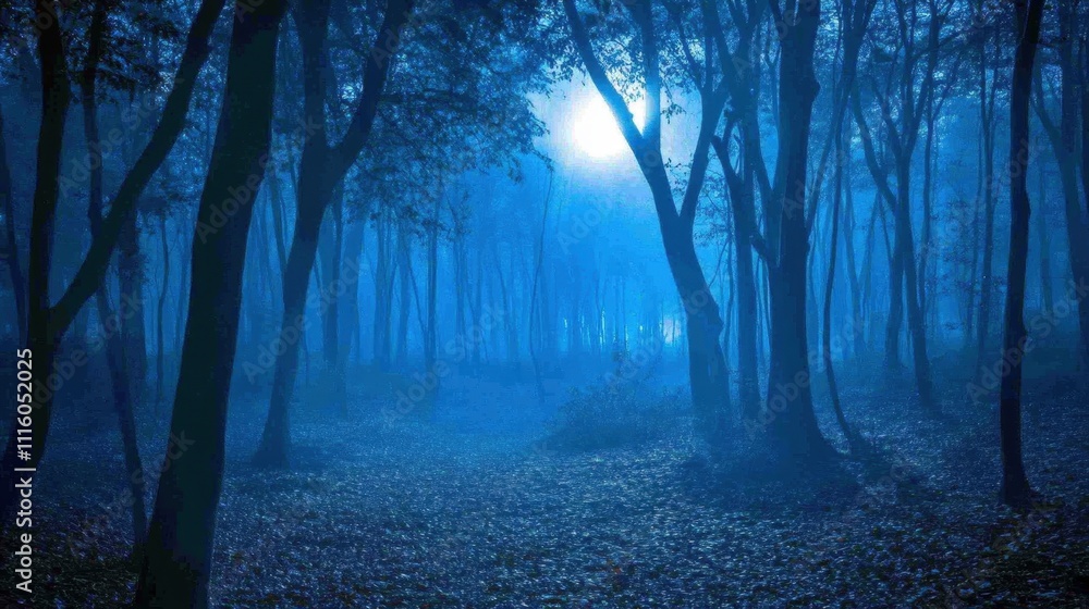 Fototapeta premium Enchanting Woodland Trail at Twilight in the Misty Blue Forest