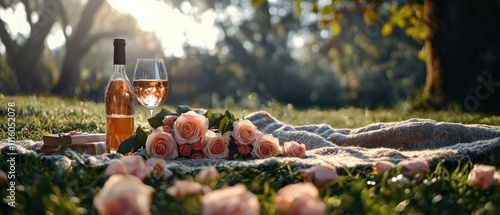 A romantic picnic setup in a lush garden with a blanket, wine, and a bouquet of roses photo