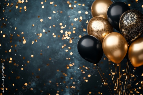 Colorful balloons with gold foil accents against a dark background for celebr...