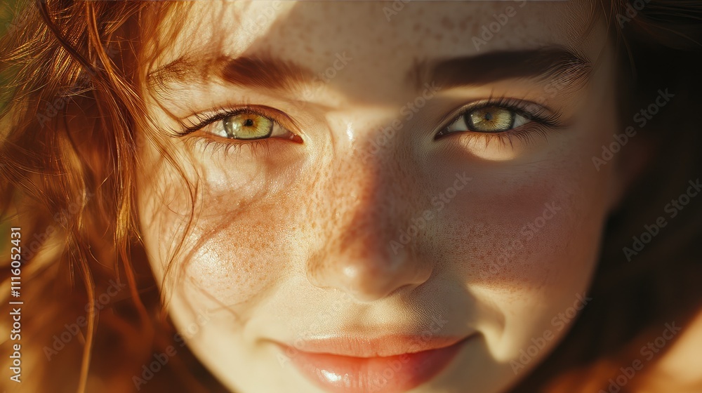 The brunette woman smiles warmly as golden sunlight dances on her face, highlighting her bright green eyes and cheerful expression The brunette woman smiles warmly as golden sunlight dances on her face, highlighting her bright green eyes and cheerful expression