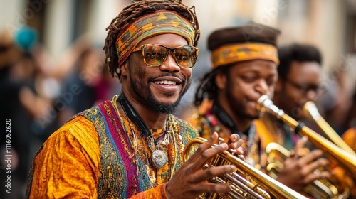 Colorful celebration with musicians and dancers at a vibrant festival during ...