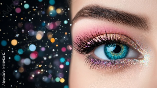 Creative makeup design with glitter and vibrant colors on a models face