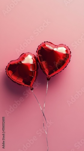Red heart balloons floating against a pink background for celebration or deco...
