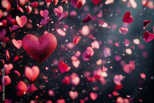 Red hearts falling through dark background creating a festive atmosphere for ...
