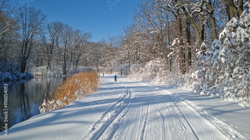 Snow covered trail with a skier enjoying winter sports in a scenic landscape