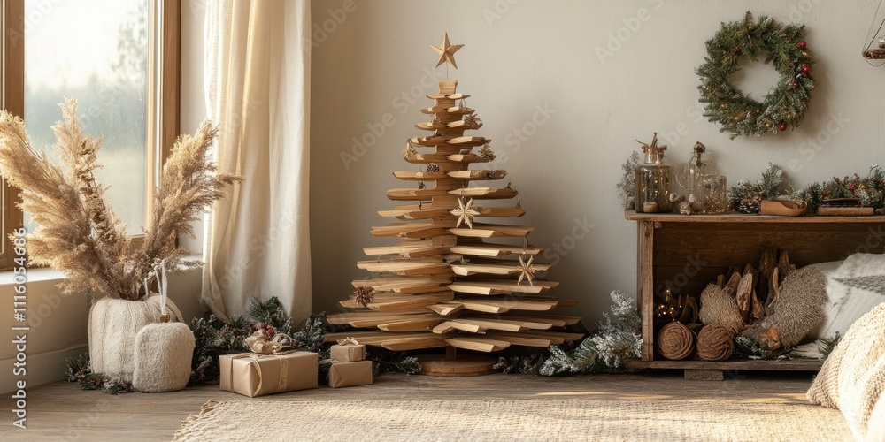 Obraz premium Unique wooden Christmas tree decorates a cozy living room with holiday spirit and warmth
