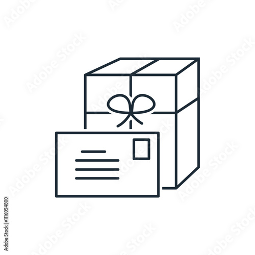 Holiday package with a greeting note. Vector linear icon isolated on white background.