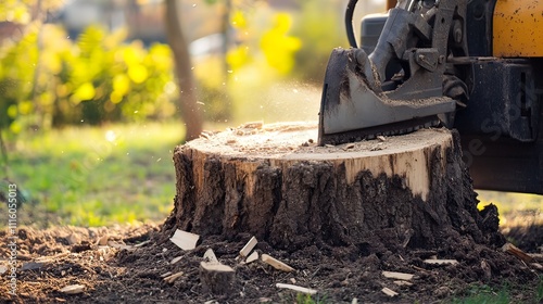 Close-up of a tree stump being ground down by a machine. Wood chips and dust are visible. The background is blurred, showing a garden setting. photo