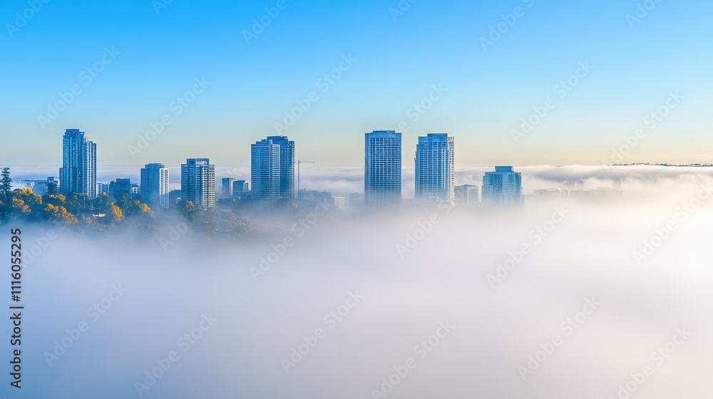 Fototapeta premium Misty Cityscape with Towering Skyscrapers in the Clouds